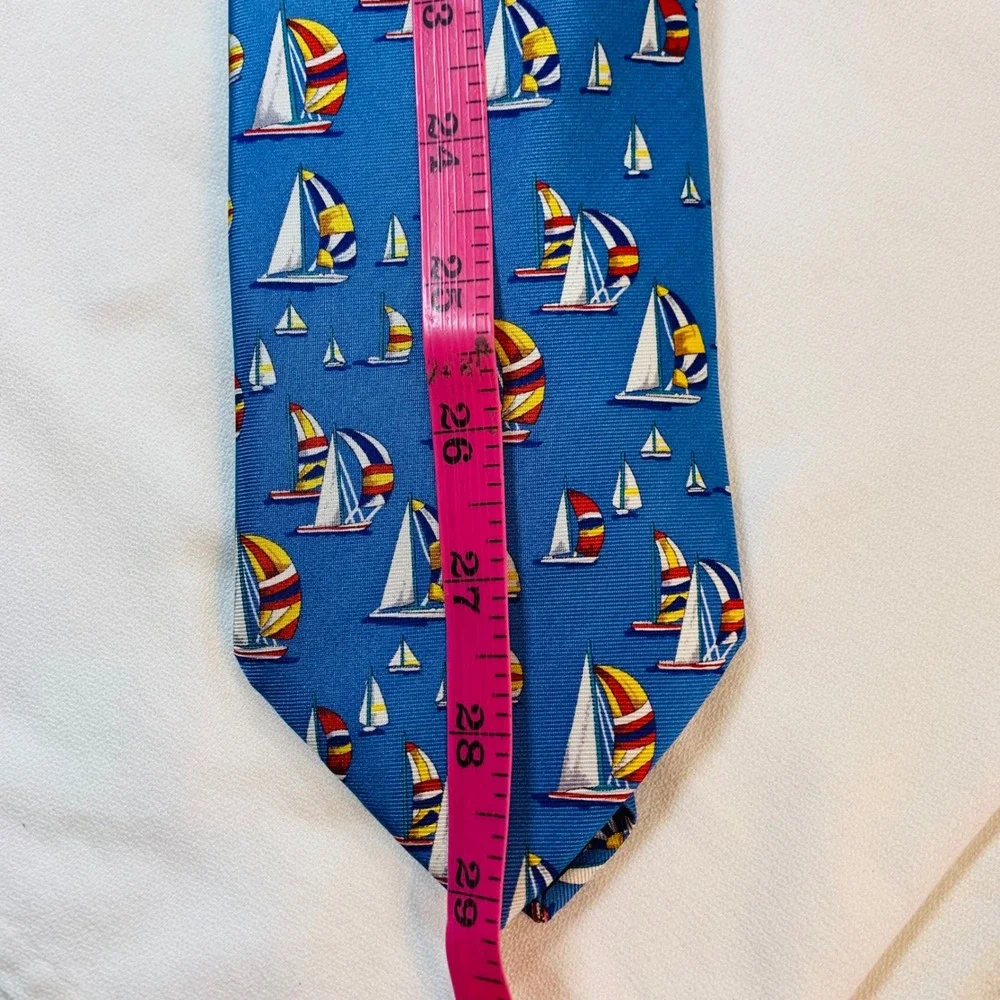 Serry's Blue Silk Necktie Sailboat Pattern Nautical Menswear Fashion Tie Hanover